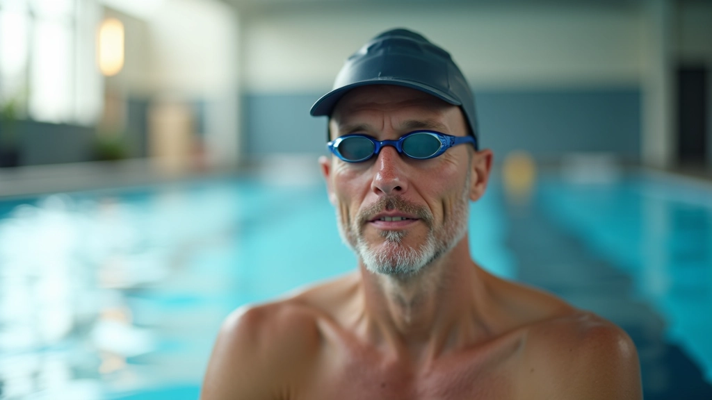 Person in swimming goggles preparing for lap swimming session, poolside perspective