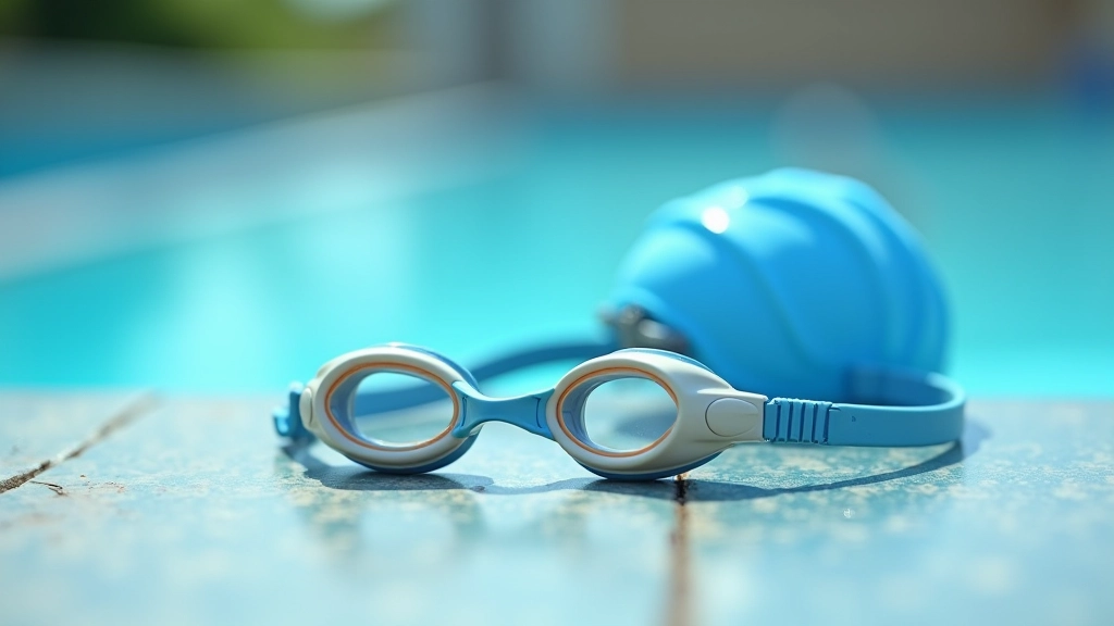 Close-up of swimming goggles and cap on pool deck near water, morning sunlight