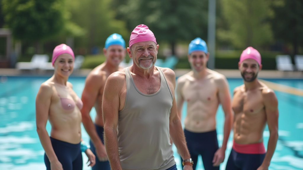 Group of adult swimmers in outdoor pool preparing for training session