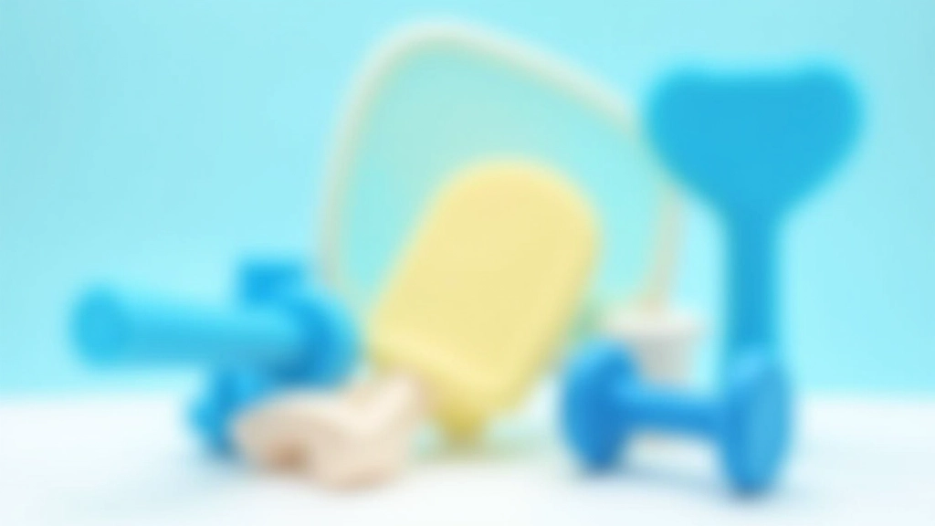 Close-up of water aerobics equipment including kickboard, dumbbells, and noodle on pool deck