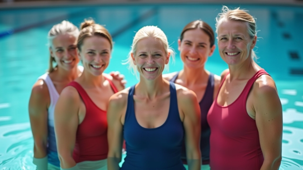 Group of mature adult swimmers gathered at pool edge after training session, showing camaraderie and community