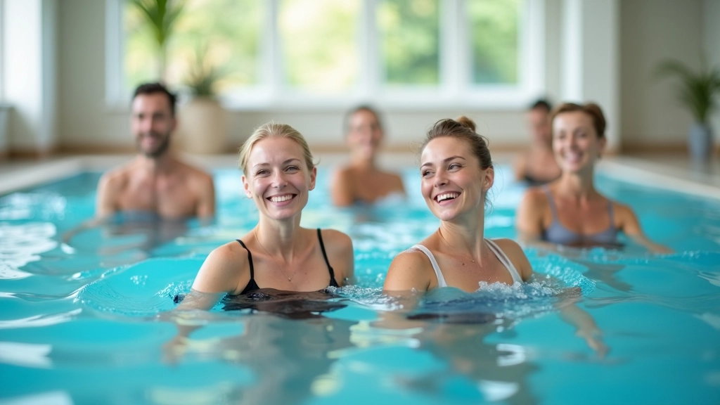 Mature adults in swimming pool doing water aerobics exercises with instructor