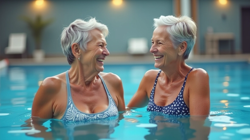Group of mature adults exiting pool after water aerobics class, smiling and chatting