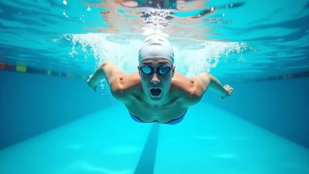 Close-up underwater view of swimmer performing bilateral breathing technique during freestyle stroke